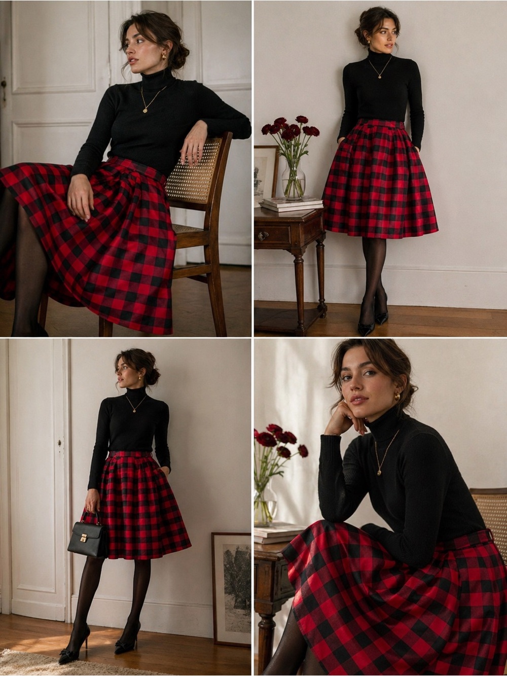 Like new Shabby Apple Chi Plaid Red Black Holiday Women's Skirt XS S 13 in waist